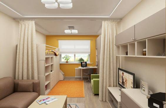 Если комната - одновременно спальня, рабочий кабинет и место для игр, то зонирование шторой – идеальное решение.